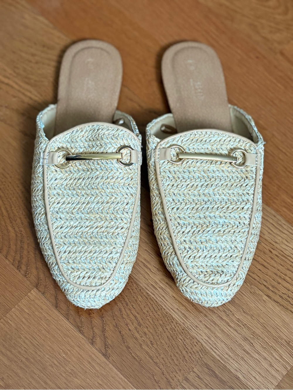 Ardene Cream Woven Mule with Gold Bar Detail